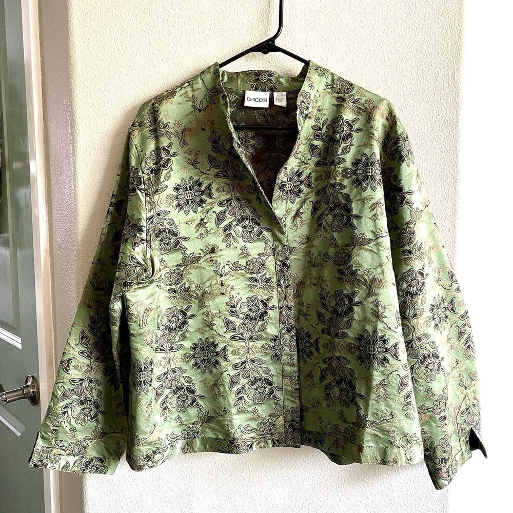 Vintage Chico's Green Floral Silk Linen Boxy Fit Snap Front Jacket Size 3- Large